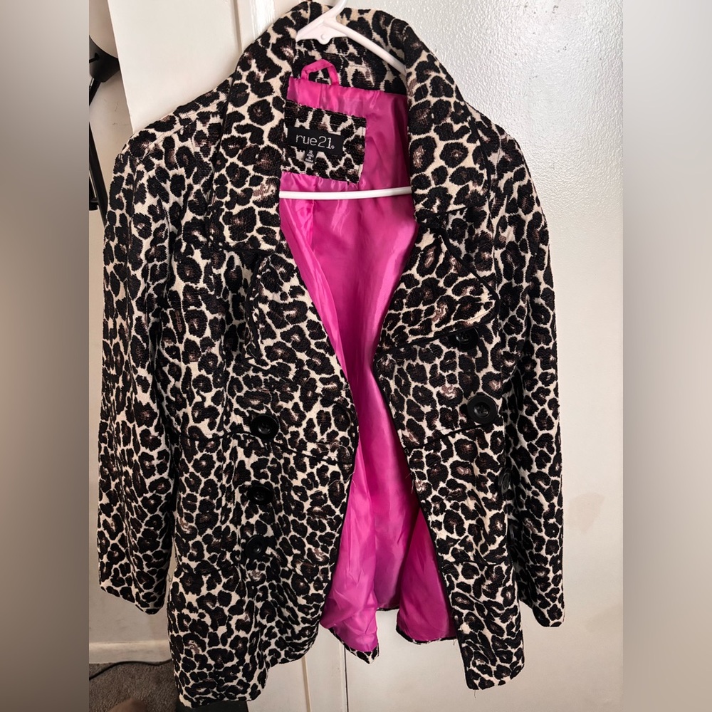 Rue21 Animal Print Pea Coat with Pink Lining